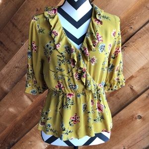 Sundance Mustard Floral Wrap Peplum Blouse Medium